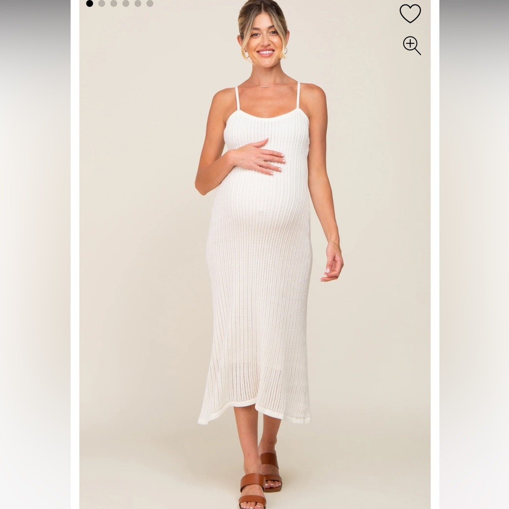 White Open Knit Crochet Maternity Midi Dress